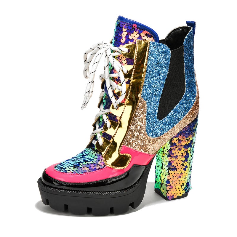 Cape Robbin Nell Heeled Boots for Women Sparkly Sequin Platform Chelsea Boots Women - Chunky Block Heels with Sequined Tongue and Heel - Stylish Glitter Ankle Boots for Women - Mermaid Size 7.5 - Image 1